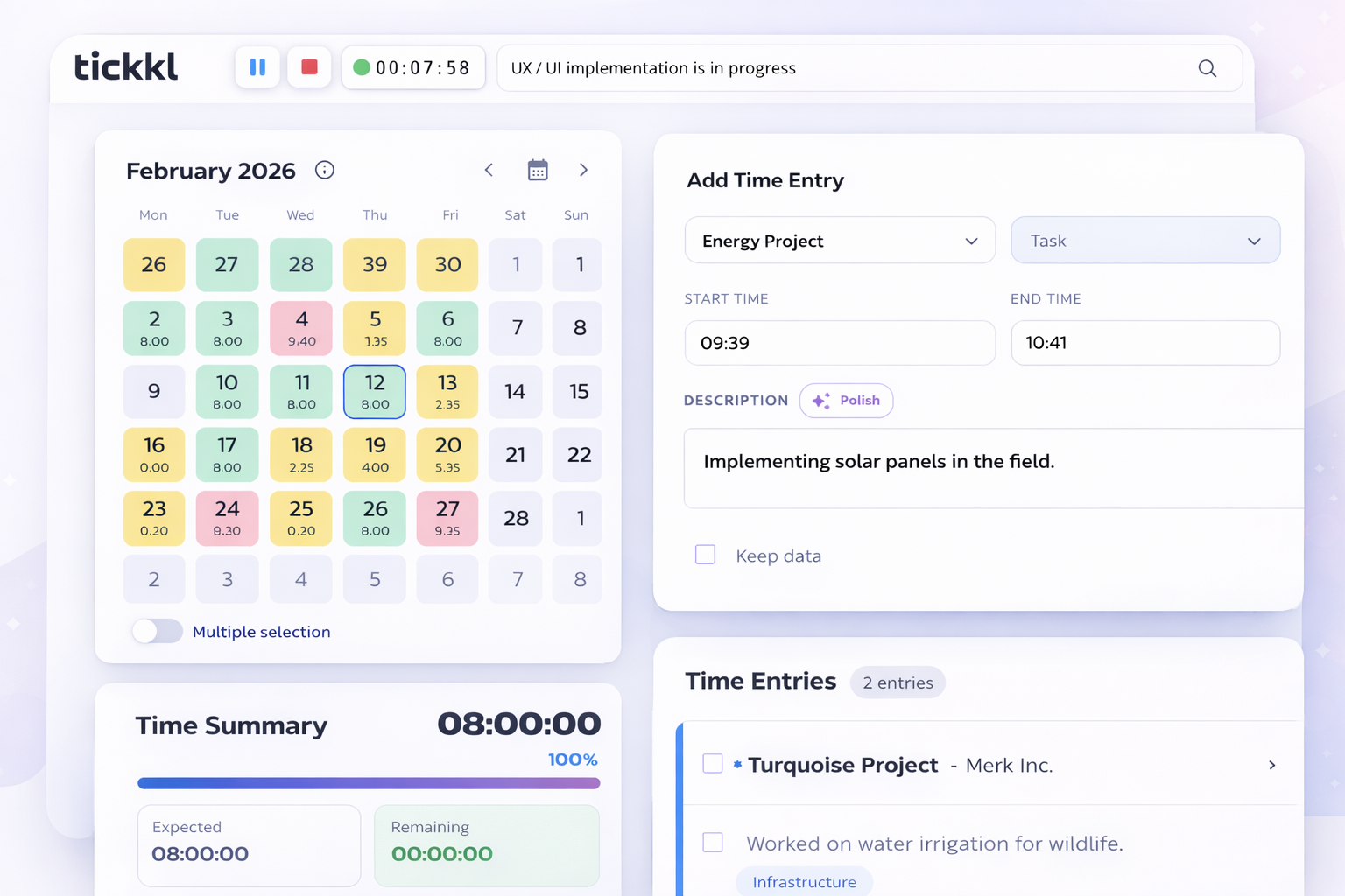 Tickkl time tracking dashboard showing visual calendar with color-coded projects and billable hours